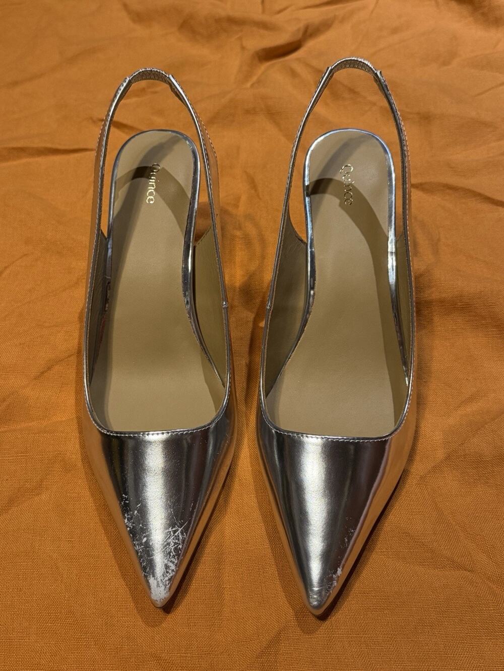 Quince Women’s Shiny Silver Italian Leather Slingback 75mm Heel Size 10 *FLAWED*